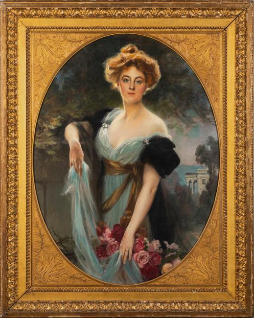 oval shaped painting portrait of a woman in a blue dress, in a gold frame