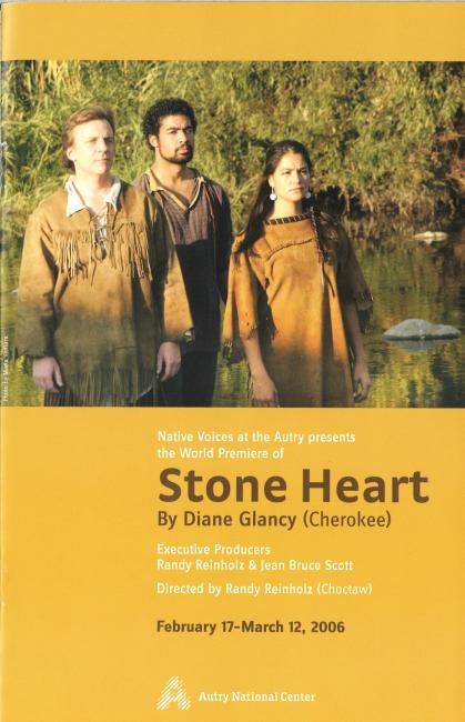 advertisement for Stone Heart, yellow background with photo of 2 men and a woman