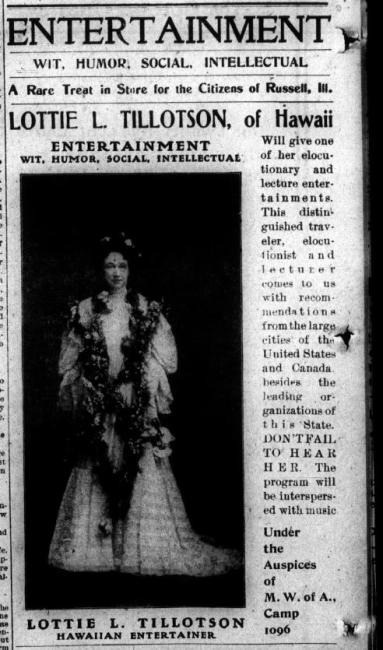 entertainment newspaper page advertising Lottie Tillotson who is pictured dressed in Hawaiian clothing of the 19th century