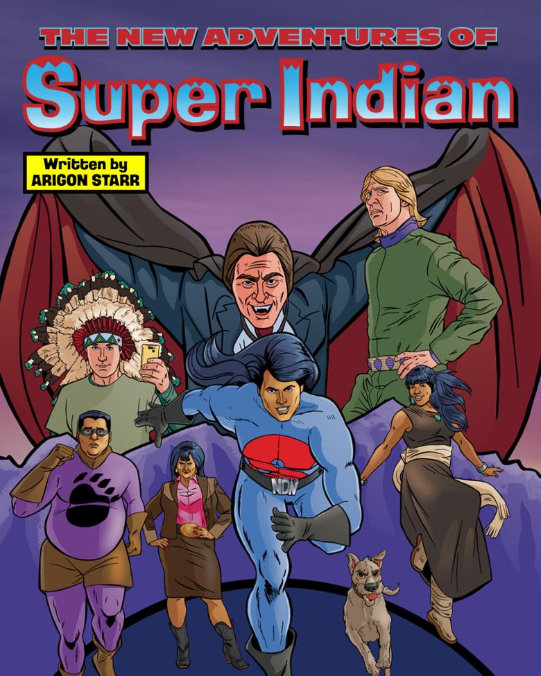 poster in comic book cover style with characters from the new Super Indian story