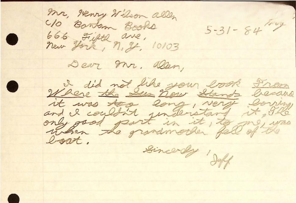 A handwritten letter dated 5-31-84 criticizes a book for being too long and confusing, mentioning only liking the part when the grandmother falls off the boat. It is addressed to Mr. Henry Wilson Allen from Jeff.