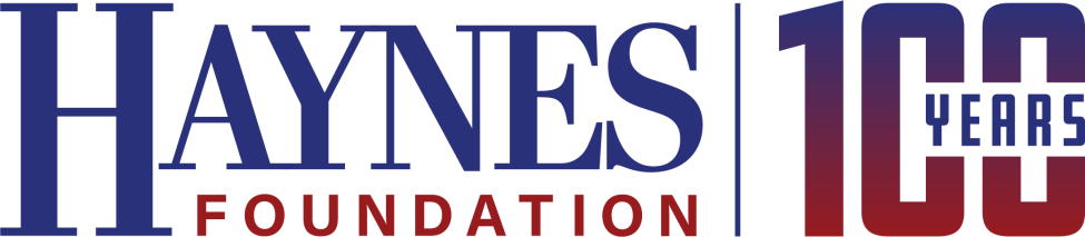 Haynes Foundation logo in blue and red, with “100 Years” inside large blue and red “100” numerals, celebrating the organization’s centennial anniversary.