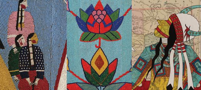 A triptych featuring Native American beadwork and art: left, two figures in traditional attire; center, a colorful floral beadwork design; right, a figure in regalia overlaid on a map.
