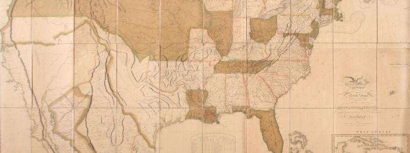 sepia-toned map of the US, with creases where it had been folded into squares