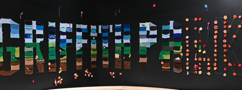 letters comprising of colorful crocheted pieces spelling out "Griffith Park"