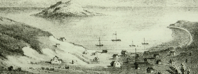 drawing of a small town by the bay, with boats in the water