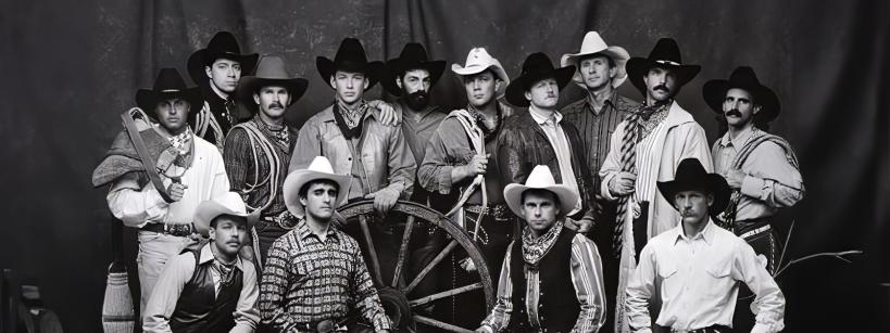 Black and white image of cowboys