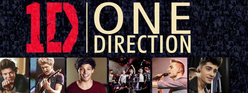 Collage featuring "1D" and "One Direction" in large text, with individual photos of the five band members, and a group concert photo, all set against a dark background with faint images.
