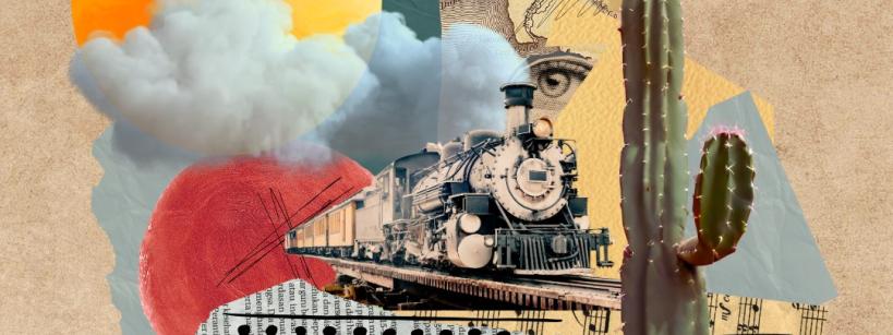 A collage featuring a vintage train, a cactus, a large sun with clouds, a red circle, old newspaper clippings, and an illustration of an eye, all layered over a textured beige background.