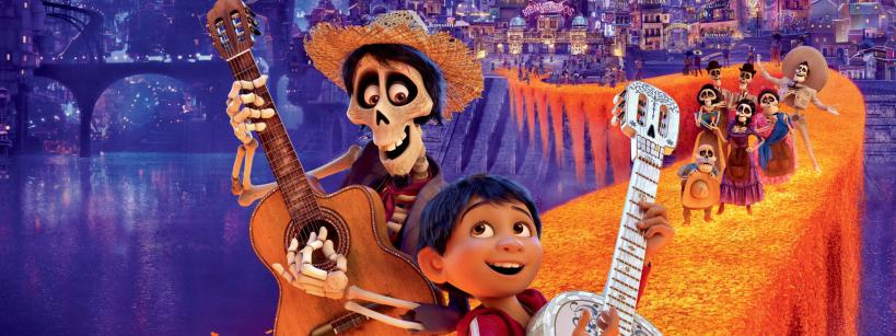 A boy and a skeleton, both holding guitars, stand on a glowing orange bridge, with a vibrant city and festive characters in the background. The scene is colorful and lively, inspired by Día de los Muertos.