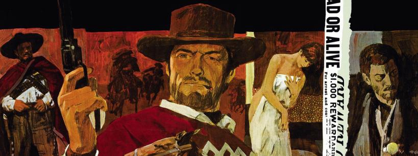 A painted Western movie scene shows a stern cowboy in a poncho holding a gun, surrounded by a man in a hat, a woman in a white dress, and another man in a suit by a “Wanted: Dead or Alive” poster.