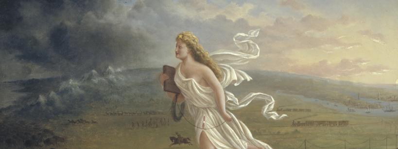 A large, ethereal woman in white floats above settlers, covered wagons, and trains moving westward across a landscape; Native Americans and animals retreat as she advances, symbolizing westward expansion.