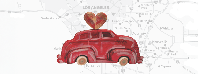 A painted red vintage car with a heart on its roof is centered over a faded map of Los Angeles and its surrounding areas.