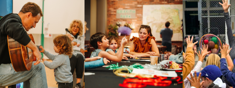 A collage showing: a man playing guitar for a child, children and adults crafting together at a table, and a group of children raising their hands enthusiastically towards an adult outdoors.