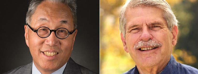 Side-by-side portraits of two older men: one with gray hair, glasses, and a suit, smiling in front of a dark background; the other with gray hair, a mustache, and a blue shirt, smiling outdoors.