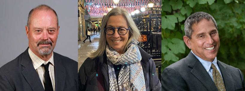 Three adults are pictured in separate portraits: a man in a suit and tie against a gray background, a woman with glasses and a scarf outdoors under lights, and a man in a suit smiling in front of leafy greenery.