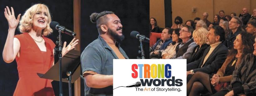 Two people stand at microphones sharing stories on stage, smiling and animated. In front of them, an attentive audience listens and laughs. The center features a "Strong Words: The Art of Storytelling" event logo.