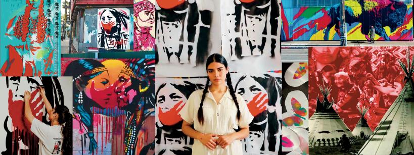 A woman with long dark hair in braids stands in front of bold, colorful murals featuring Native American imagery, stylized portraits, bison, teepees, and geometric patterns.