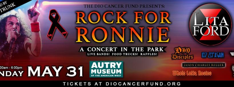Concert flyer for "Rock for Ronnie" featuring Lita Ford, hosted by Eddie Trunk. Event is on Sunday, May 31, 11am–6pm at Autry Museum, with live bands, food trucks, and raffles. Ticket info at diocancerfund.org.