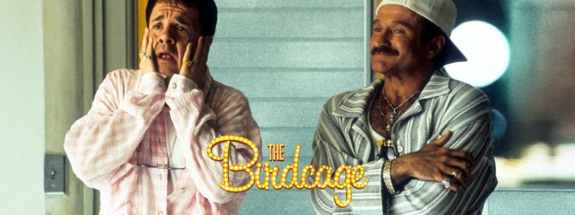 Two men stand side by side; one looks shocked with hands on his cheeks, while the other, in a striped shirt and white cap, smiles confidently. The title “The Birdcage” appears in bright yellow letters.