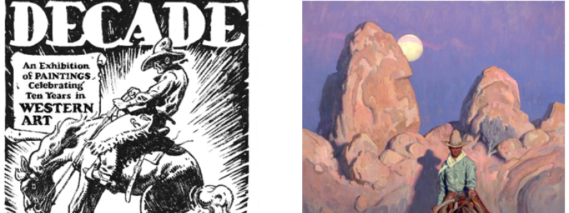 On the left, a black-and-white poster for an art exhibition shows a cowboy riding a bucking horse. On the right, a painting depicts a cowboy on horseback riding through rocky terrain under a full moon.
