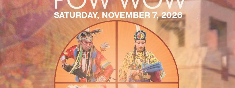 Event flyer for the Sacred Path X The Autry Museum Pow Wow on November 7, 2026. Includes event details, head staff, dance contests, and contact info. Features circular images of dancers in regalia on an orange background.