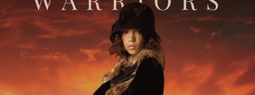 Book cover showing a young woman in a dark coat and hat standing confidently, with a group of warriors on horseback silhouetted against an orange sunset. Title reads "Daughter of Warriors" by Kimberly Kirkland Seidman.