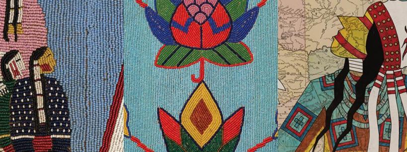 Three panels featuring Native American art: beaded figures on the left, a colorful beaded floral pattern in the center, and two people in traditional attire with a white horse on a map background on the right.