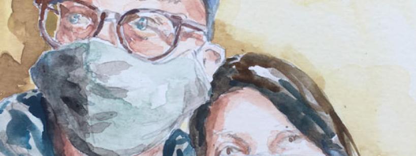 A watercolor painting of a heterosexual couple wearing masks