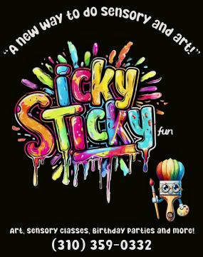 Colorful, drippy text logo reading "Icky Sticky Fun" with paint splatters. Cartoon paintbrush character with glasses and rainbow hair at bottom right. White text: “A new way to do sensory and art!” and contact info.