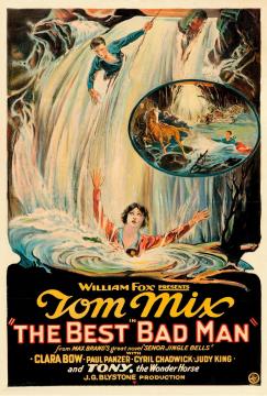 Vintage movie poster for "The Best Bad Man" shows a woman reaching out of rushing water as a man on horseback jumps into a canyon to help. Dramatic illustrations and bold, colorful title text fill the scene.
