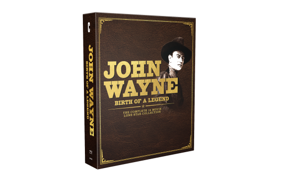 Box set with a brown, leather-look cover titled “John Wayne: Birth of a Legend.” Features a black-and-white image of John Wayne, and text noting “The Complete 18 Movie Lone Star Collection.”.