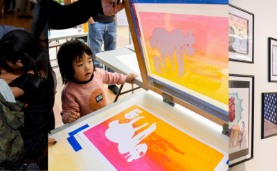 Three images: children drawing at a table, a child doing a colorful art project, and a woman viewing framed artworks displayed on a gallery wall.