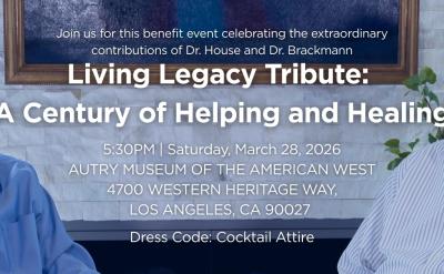 Two elderly men smiling and seated in front of a window. Text overlays invite people to the "Living Legacy Tribute: A Century of Helping and Healing" event on March 28, 2026, at the Autry Museum in Los Angeles.