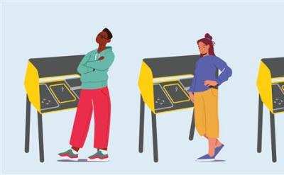Four diverse people stand beside accessible voting booths. The group includes individuals of different ages and abilities, one using a cane, representing inclusivity in voting access.