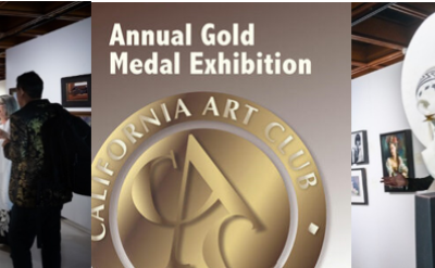 People view paintings and sculptures at the California Art Club’s Annual Gold Medal Exhibition, with a central image of the event’s gold medal and text highlighting the exhibition.