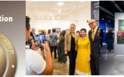 Collage shows a gold medal, people viewing art displays, and gallery walls with paintings and sculptures at the California Art Club’s Annual Gold Medal Exhibition.
