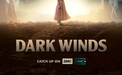 Promotional poster for the TV show Dark Winds, featuring Navajo police officers, a woman standing in a desert landscape, and the show title.
