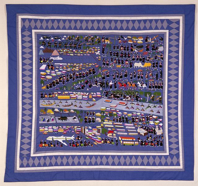 See Lee, Hmong story quilt documenting her flight from Laos to refugee camps in Thailand and arrival in Long Beach in 1979; 91.42.1