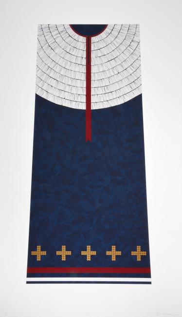 Illustration of a long blue dress featuring a detailed, circular white collar with red accents. The hem is decorated with gold cross patterns and black and white stripes. The background is plain white.