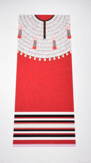 Illustration of a red garment with a patterned yoke featuring fringes, small doll-like figures, and a row of round white decorations. The bottom has black and white horizontal stripes. The background is plain white.