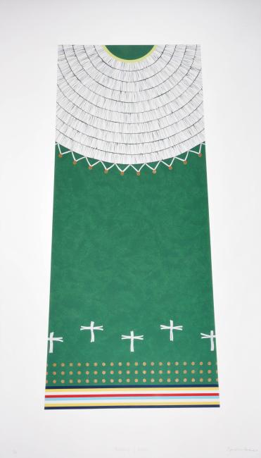 A geometric artwork featuring a large green rectangle with a white, fan-like pattern at the top, white crosses and orange dots near the bottom, and colorful stripes along the lower edge.