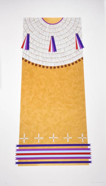 Illustration of a stylized dress with a white, red, and blue ornate collar and a golden yellow body featuring brown dots and white crosses near the hem. Stripes in blue, red, and purple adorn the bottom edge.