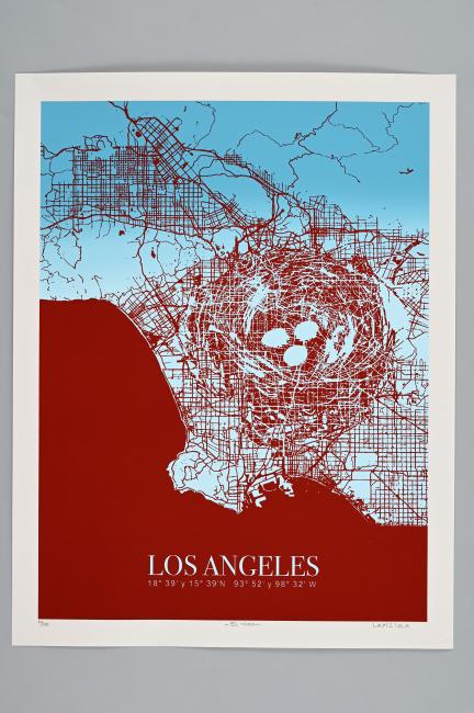 Abstract map of Los Angeles in red, blue, and white tones. The map features a detailed street grid pattern and is centered on Los Angeles. The map includes coordinates at the bottom with "LOS ANGELES" text in bold.