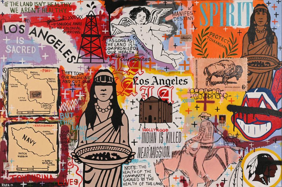 A colorful collage featuring Indigenous women, Los Angeles landmarks, a bison, protest signs, and slogans about land, health, and Native sovereignty. The art combines text, drawings, and symbols to emphasize Native rights and heritage.
