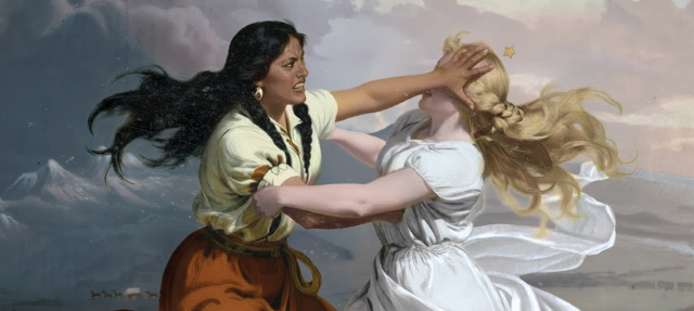 Two women are fighting outdoors; one with dark hair in braids and a yellow blouse grabs the other, a blonde woman in a white dress, by the face against a backdrop of mountains and cloudy sky.