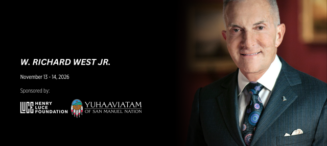 Portrait of W. Richard West Jr., with event dates November 13–14, 2026, and logos for the Henry Luce Foundation and Yuhaaviatam of San Manuel Nation.