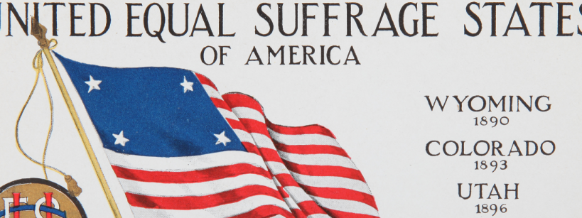 American flag flying under the text "United Equal Suffrage States of America"