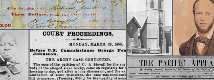 collage of newspaper clippings from the mid-1800's, including two portraits
