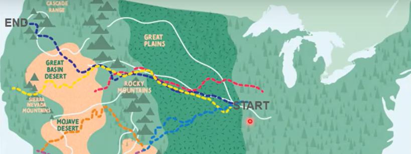 map of the US with colorful dotted lines outlining trails to the west